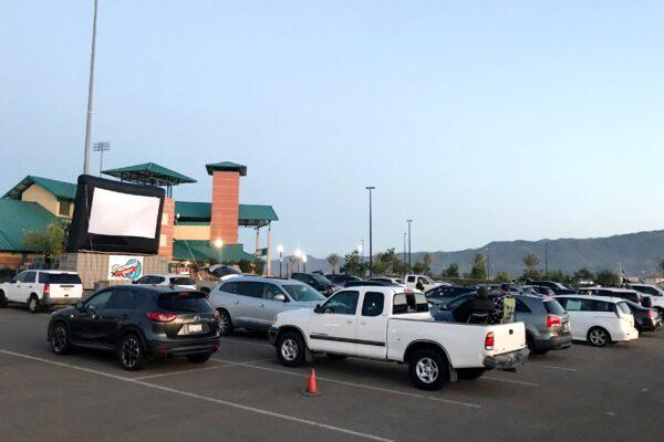 The first showing in the parking lot of Lake Elsinore's baseball-diamond-turned-drive-in-theater, in Lake Elsinore, Calif., on May 22, 2020. (Courtesy of Storm Baseball)