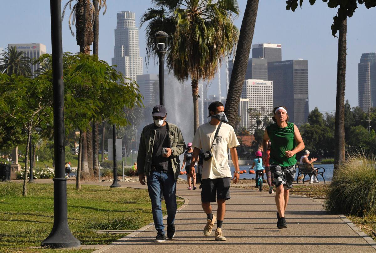 People utilize the Echo Park Lake recreation area in Los Angeles, Calif., on May 23, 2020. (Mark J. Terrill/AP Photo)