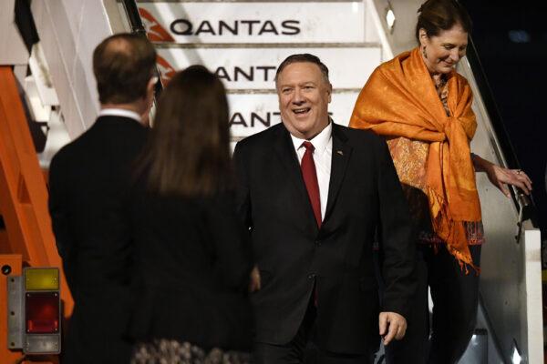 U.S. Secretary of State Mike Pompeo (2nd R) and his wife Susan (R) are received by the U.S. Ambassador to Australia Arthur Culvahouse (L) and U.S. Consul General Sharon Hudson-Dean at Sydney airport on Aug. 3, 2019. (Saeed Khan/AFP via Getty Images)