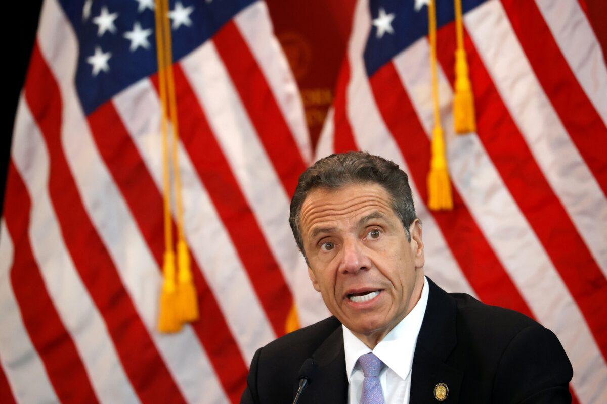 New York Gov. Andrew Cuomo speaks at his daily briefing at New York Medical College during the outbreak of the CCP virus in Valhalla, New York, on May 7, 2020. (Mike Segar/Reuters)