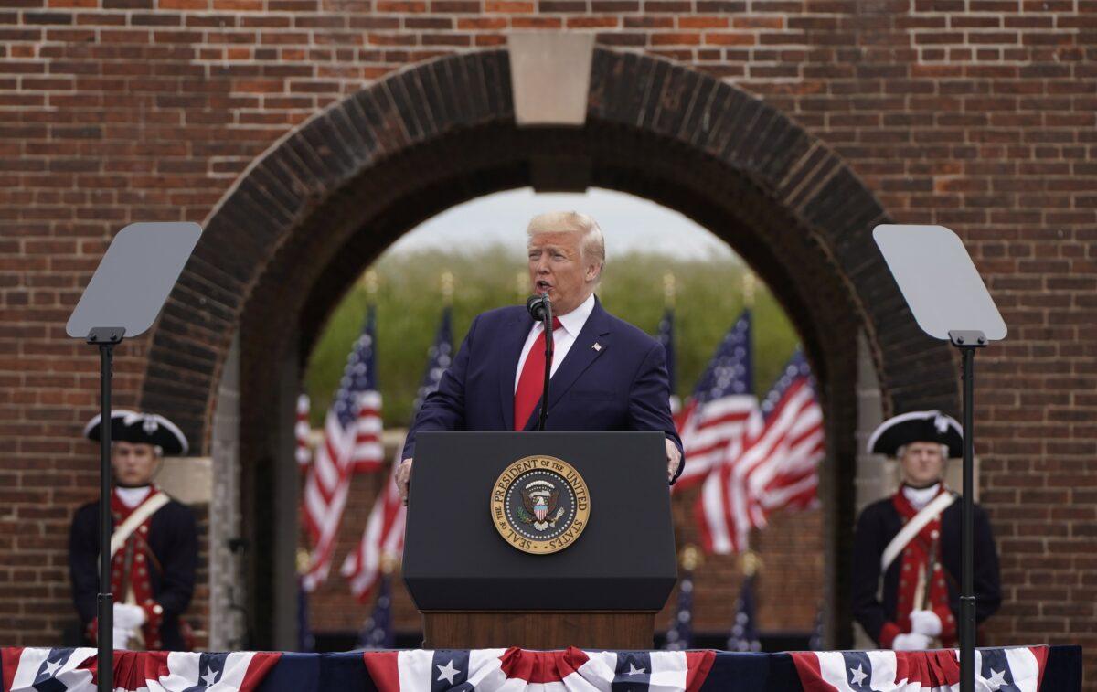 President Donald Trump speaks during ceremonies commemorating the Memorial Day holiday at Fort McHenry at Fort McHenry in Baltimore, on May 25, 2020. (Joshua Roberts/Reuters)
