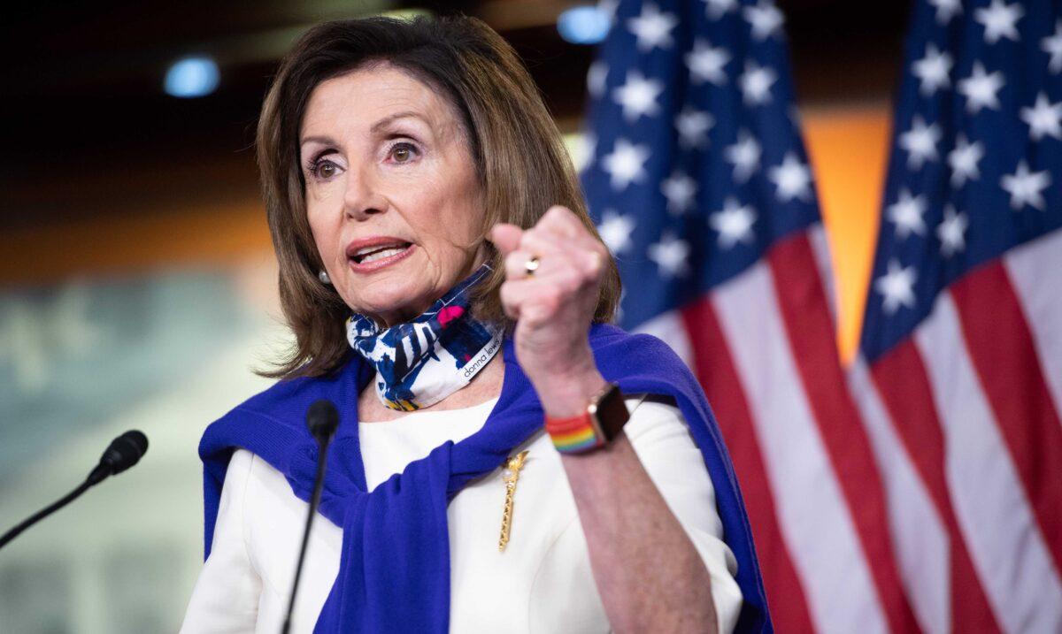 House Speaker Nancy Pelosi (D-Calif.) speaks during a press conference on Capitol Hill in Washington on May 21, 2020. (Saul Loeb/AFP via Getty Images)