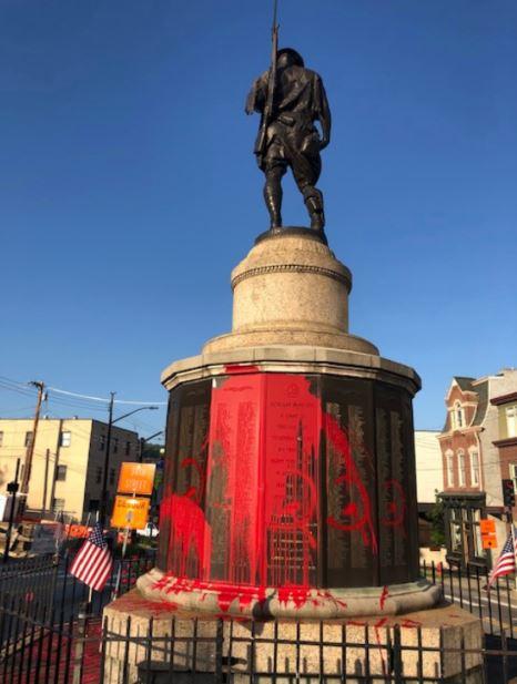 A World War I memorial was vandalized in Pittsburgh, Pennsylvania, on May 25, 2020. (Pittsburgh Public Safety)