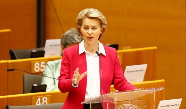 European Commission President Ursula von der Leyen addresses the Plenary of the European Parliament on a new proposal for the EU's joint 2021-27 budget and an accompanying Recovery Instrument to kickstart economic activity in the bloc ravaged by the CCP virus outbreak, in Brussels on May 27, 2020. (Johanna Geron/Reuters)