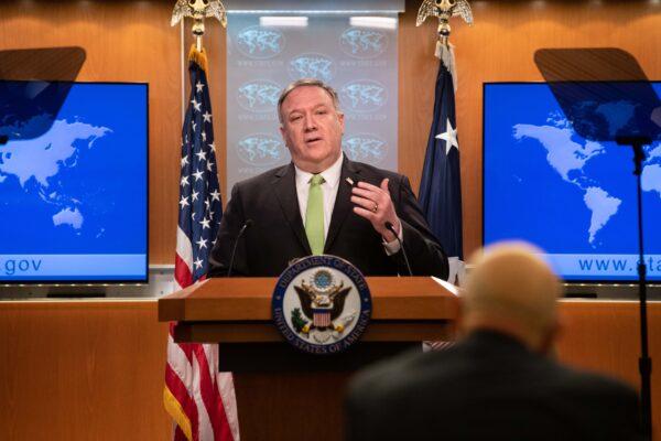 U.S. Secretary of State Mike Pompeo speaks to the press at the State Department in Washington, on May 20, 2020. (Nicolas Kamm/AFP/Getty Images)