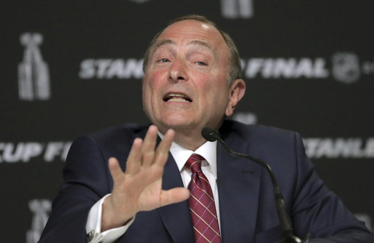 NHL Commissioner Gary Bettman speaks to the media before Game 1 of the NHL hockey Stanley Cup Finals between the St. Louis Blues and the Boston Bruins, in Boston on May 27, 2019. (Charles Krupa/AP Photo)