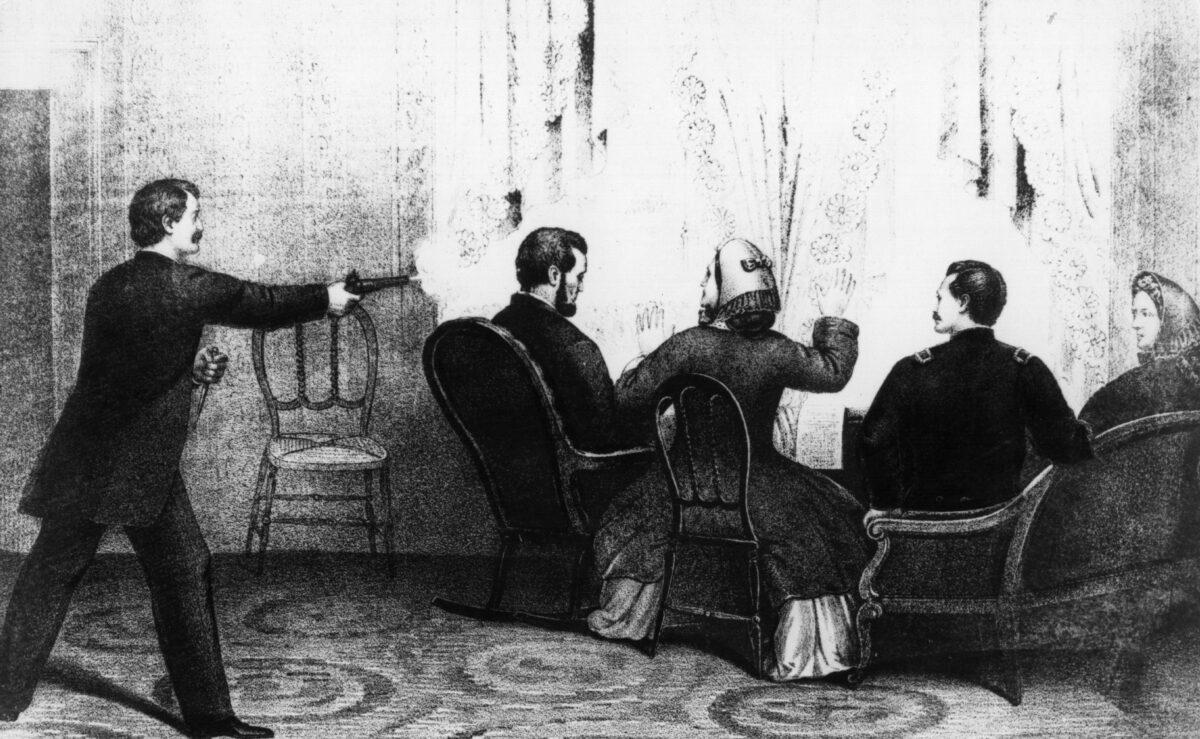 The assassination of Abraham Lincoln (1809 - 1865) the 16th President of the United States of America who was shot by John Wilkes Booth. To the right of Lincoln are his wife, Mary Todd Lincoln, Major Rathburn and Miss Harris. Original Publication: From a lithograph by Kellogg. (Hulton Archive/Getty Images)