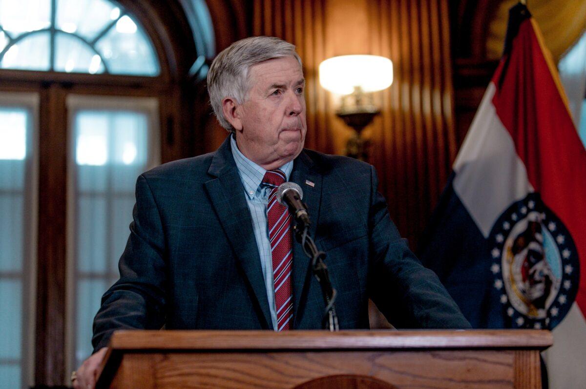 Missouri Gov. Mike Parson listens to a media question during a press conference in Jefferson City, Mo., on May 29, 2019. (Jacob Moscovitch/Getty Images)