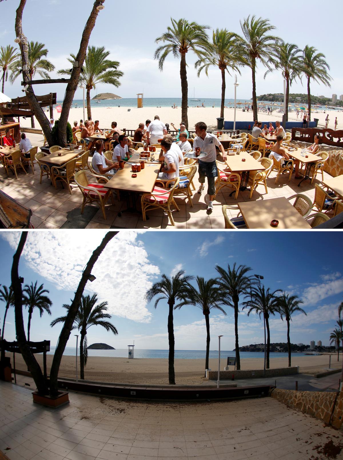 A combination photo shows tourists at a terrace on July 22, 2011, and an empty beach during the COVID-19 outbreak in Magaluf, Mallorca, Spain, on April 9, 2020. (REUTERS/Enrique Calvo/File Photo)