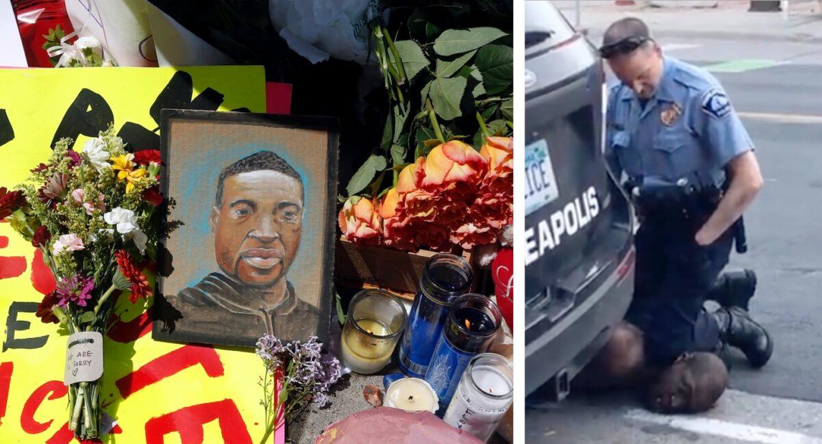 L - A memorial outside Cup Foods, where George Floyd was killed in police custody, in Minneapolis, Minn., on May 28, 2020. (Stephen Maturen/Getty Images); R - File frame from video provided by Darnella Frazier, showing a Minneapolis officer kneeling on the neck of George Floyd, in Minneapolis, Minn., on May 25, 2020. (Darnella Frazier/AP)