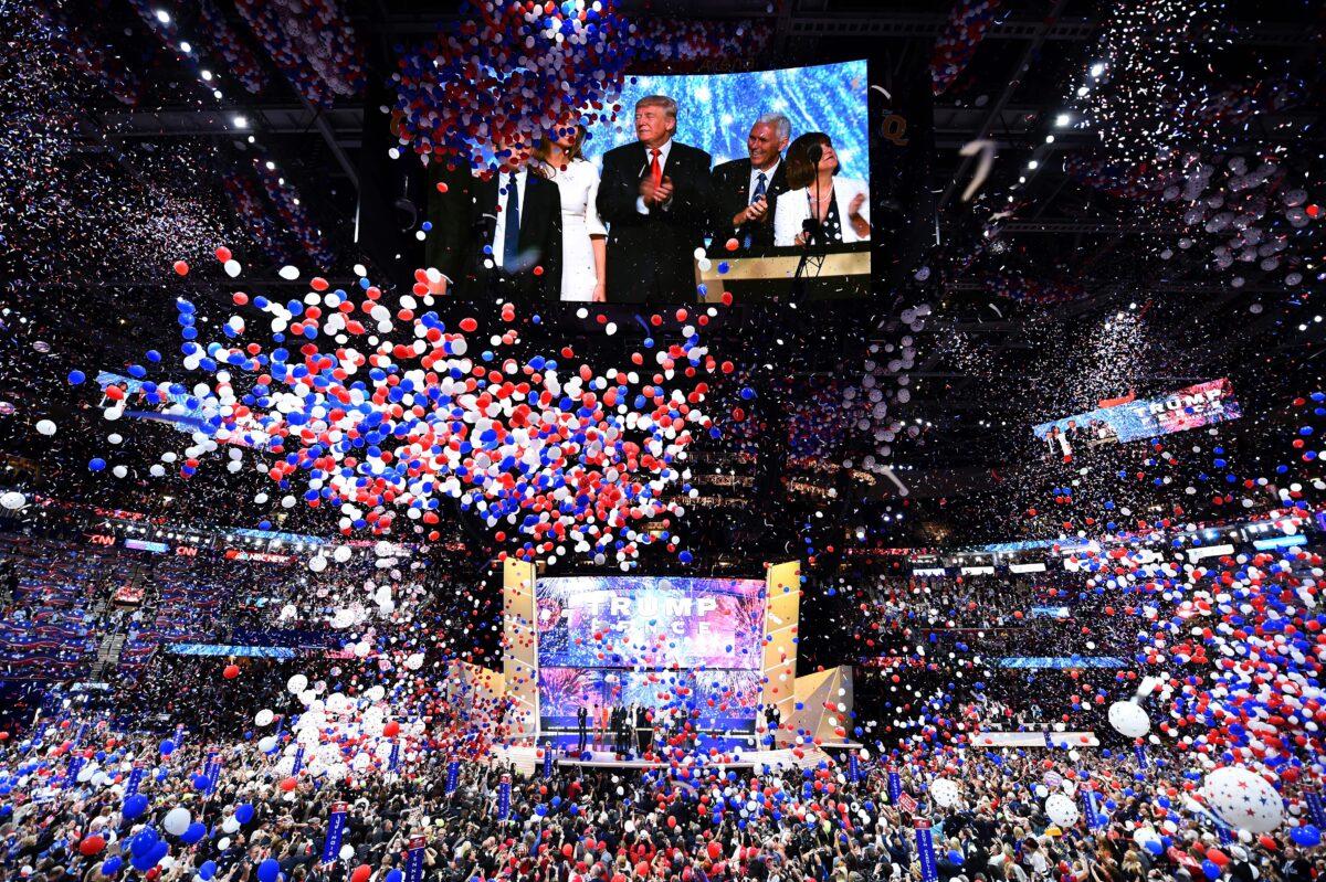 Then presidential candidate Donald Trump gets the party's nomination at the 2016 Republican National Convention in Cleveland, Ohio. / AFP / Jim Watson (Photo credit should read JIM WATSON/AFP via Getty Images)