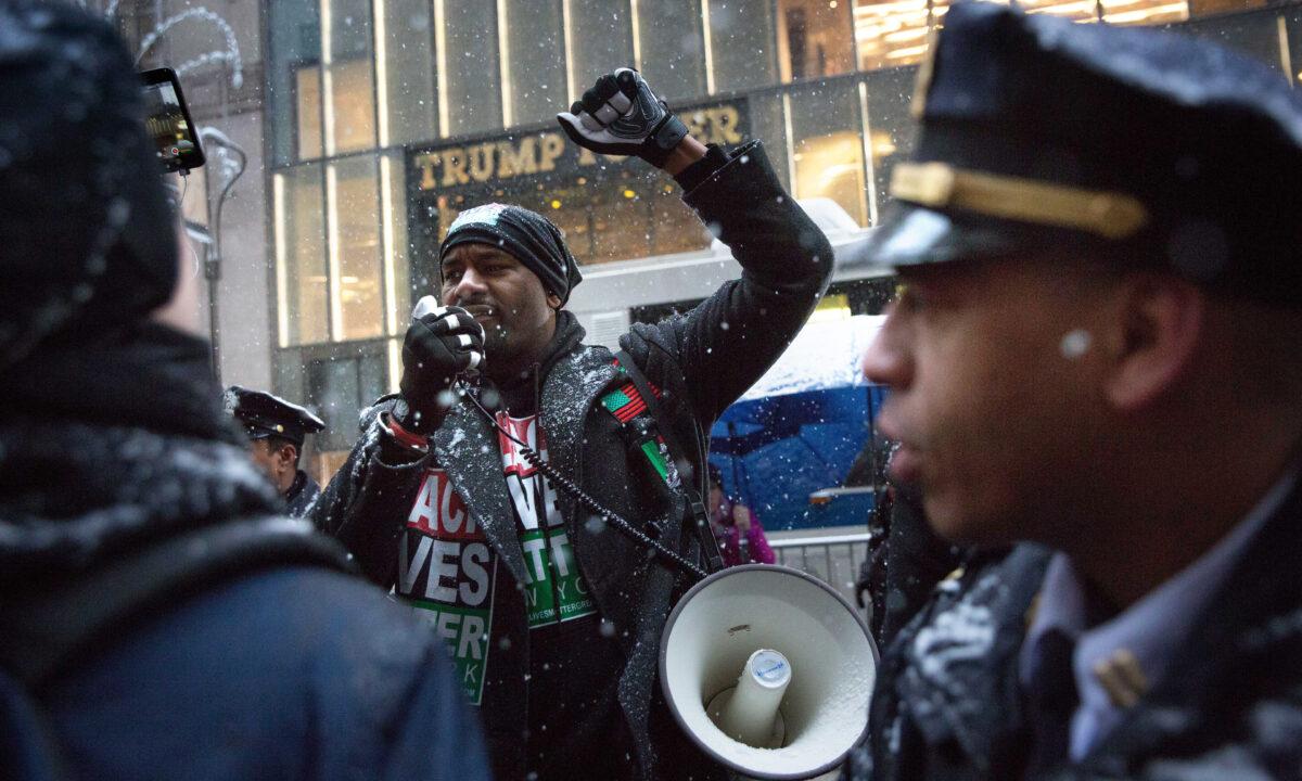 Black Lives Matter activist Hawk Newsome rallies in front of Trump Tower in New York City on Jan. 14, 2017. (Kevin Hagen/Getty Images)