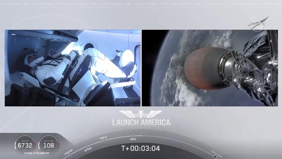 A view of the NASA live feed of the joint NASA/SpaceX mission, on May 30, 2020. (NASA)