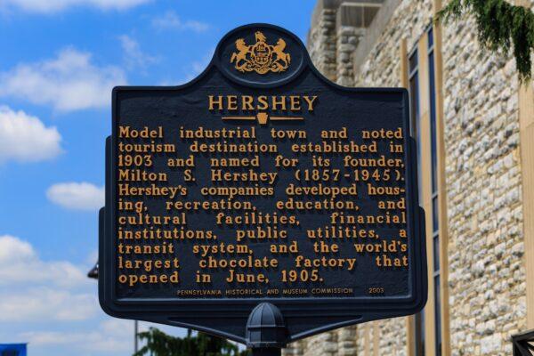 An historical marker sign stands in front of the Hershey Chocolate Factory in Hershey, Pennsylvania. (George Sheldon/Shutterstock)