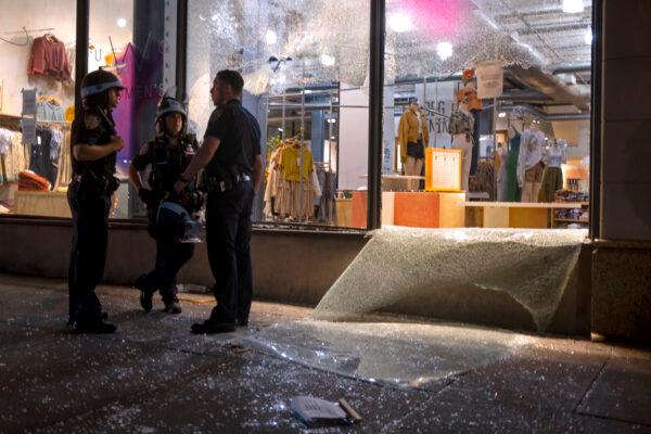 Damage is seen at an Urban Outfitters store near New York's Union Square on May 31, 2020, after it was damaged in the midst of a protest highlighting the death of George Floyd who was in police custody in Minneapolis. (Craig Ruttle/AP Photo)