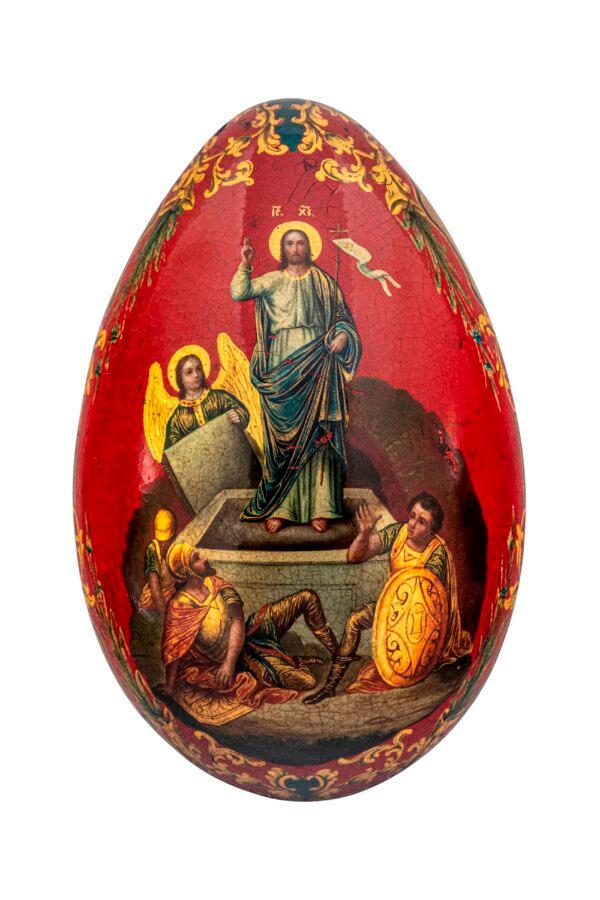 Easter egg with the Resurrection, Guardian Angel, and St. Alexander Nevsky, 1867, by the Lukutin Workshop, Fedoskino, Russia. Lacquer, papier mâché. Collection of Nicholas Silao, New York, N.Y. (Museum of Russian Icons)