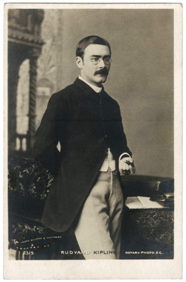 Rudyard Kipling, circa 1892, in a photographic postcard, by Bourne & Shepherd. Beinecke Rare Book & Manuscript Library, Yale University. (Public Domain)