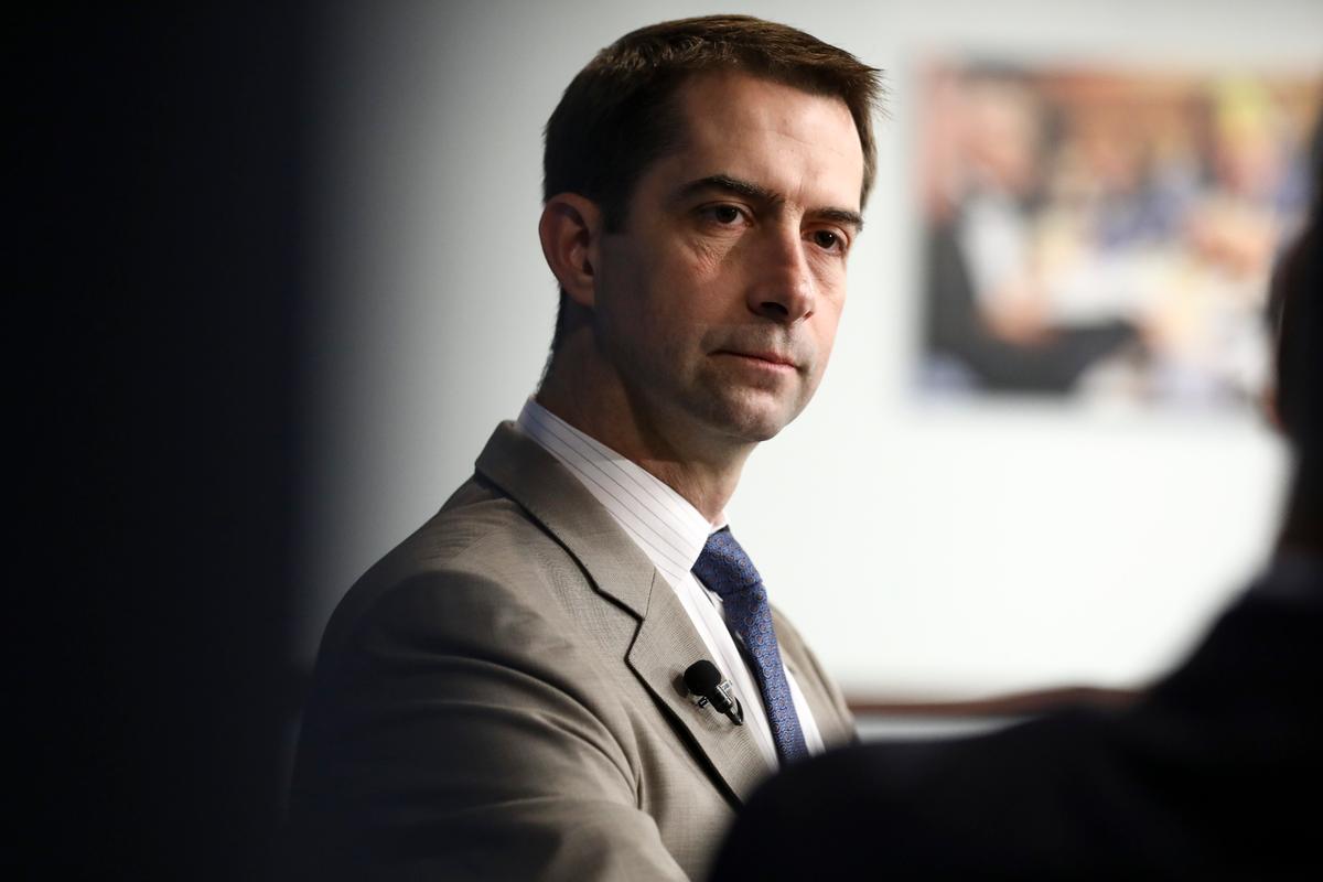 Sen. Tom Cotton (R-Ark.) at a border security discussion hosted by Center for Immigration Studies in Washington on July 30, 2019. (Samira Bouaou/The Epoch Times)