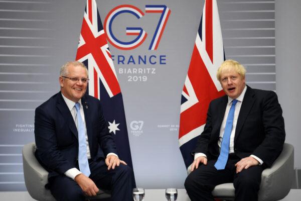 British Prime Minister Boris Johnson (R) meets Australian Prime Minister Scott Morrison (L) for their bilateral talks during the G7 Summit on Aug. 24, 2019 in Biarritz, France. (Pool/Getty Images)