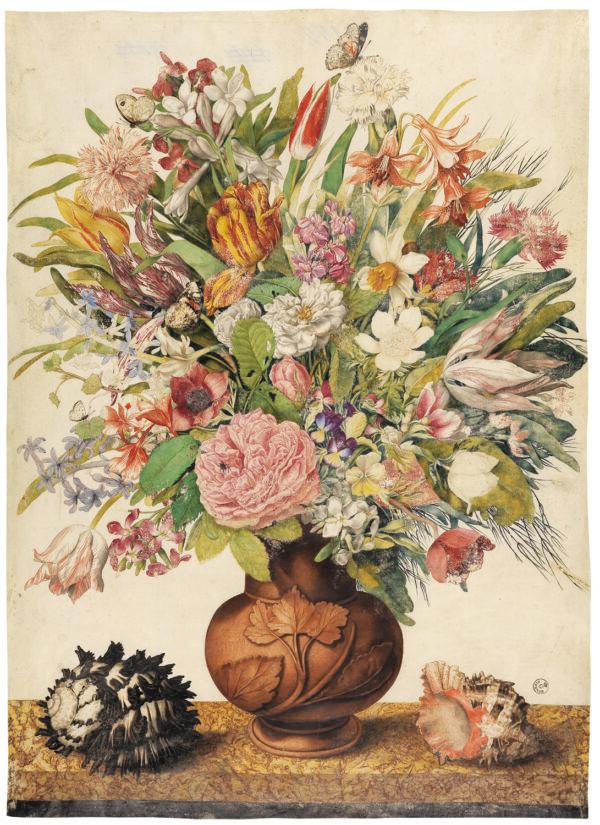 Yixing vase containing diverse flowers on a marble table between two shells, with butterflies above, 1659–1660, by Giovanna Garzoni. Tempera with traces of black pencil on parchment; 26 1/8 inches by 18 7/8 inches. Cabinet of Drawings and Prints, The Uffizi Galleries, Florence. (The Uffizi Galleries)