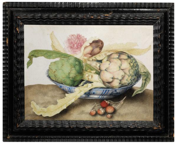 Chinese plate with artichokes, a rose, and strawberries, circa 1655–1662, by Giovanna Garzoni. Tempera on parchment; 9 1/2 inches by 12 5/8 inches. Palatine Gallery, The Uffizi Galleries, Florence. (The Uffizi Galleries, Florence)