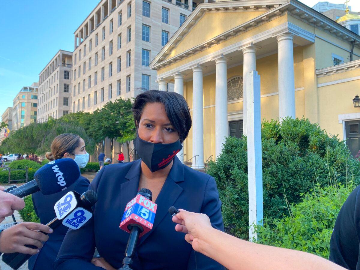Washington Mayor Muriel Bowser speaks to reporters in front of the damaged Saint John's Church near the White House on June 1, 2020. (Daniel Slim/AFP via Getty Images)