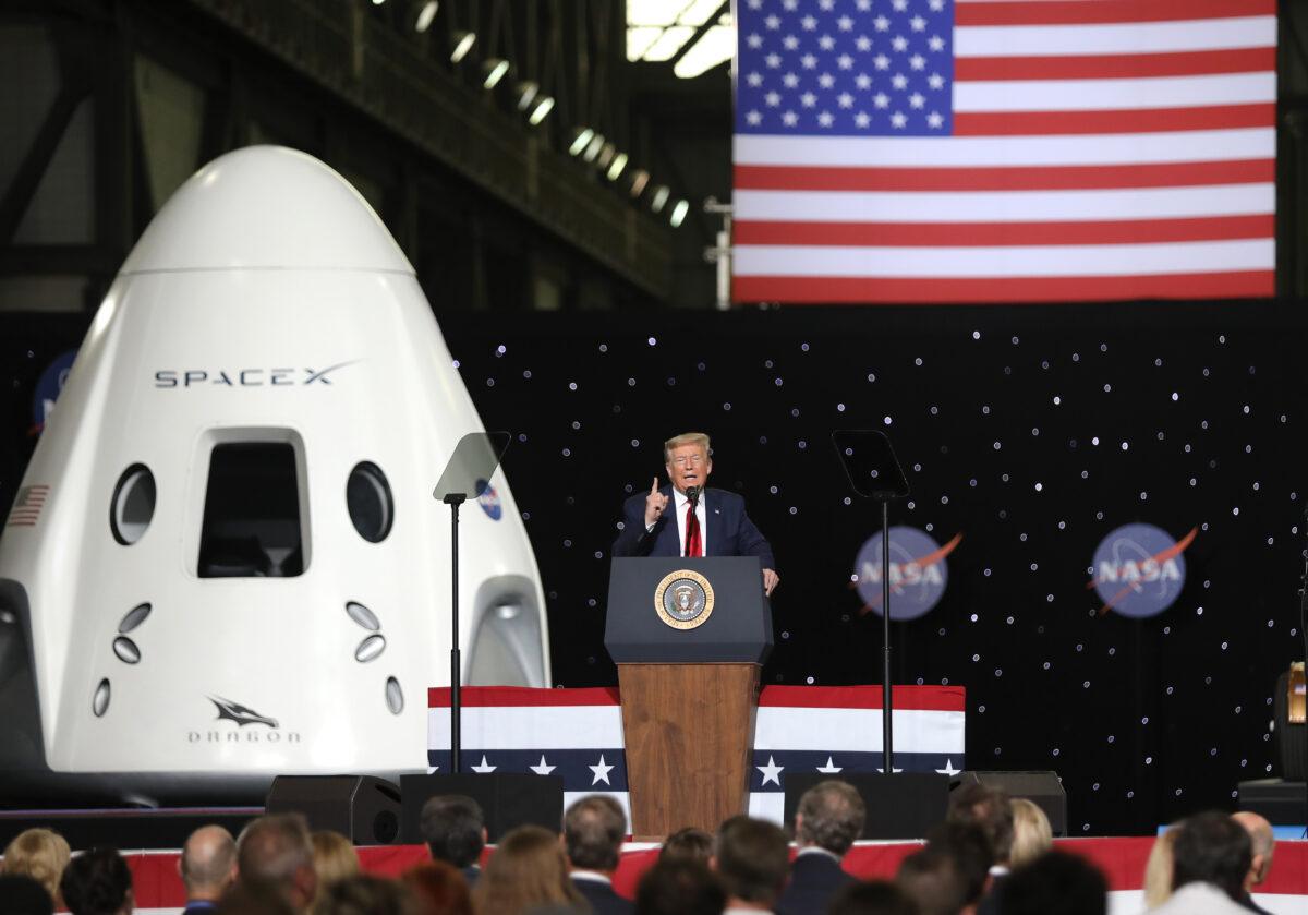 President Donald Trump speaks after viewing the successful launch of the SpaceX Falcon 9 rocket with the manned Crew Dragon spacecraft at the Kennedy Space Center in Cape Canaveral, Fla., on May 30, 2020. (Joe Raedle/Getty Images)
