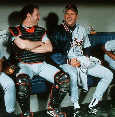 John C. Reilly (L) and Kevin Costner play catcher and pitcher, respectively, in "For Love of the Game." (Universal Pictures)