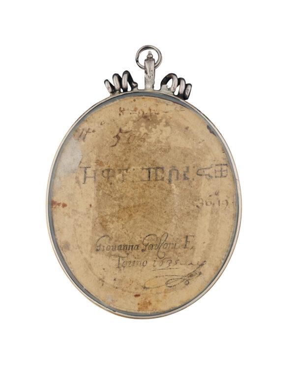 Back of a Portrait of Zaga Christ, 1635, by Giovanna Garzoni. Parchment mounted on card, later silver frame; height 2 1/4 inches. Philip Mould & Co., London. (Philip Mould & Co., London)