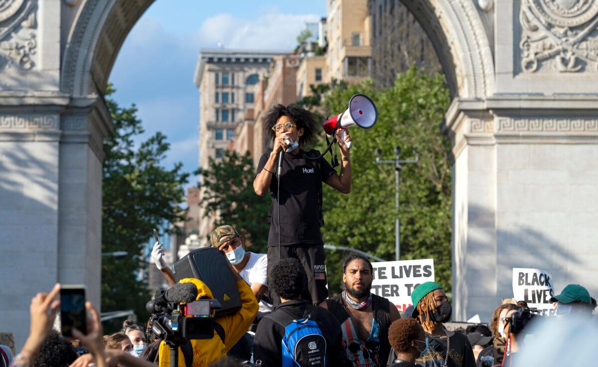 Protestors at Washington Square Park in New York take part in a demonstration on June 1, 2020. (Craig Ruttle/AP Photo)