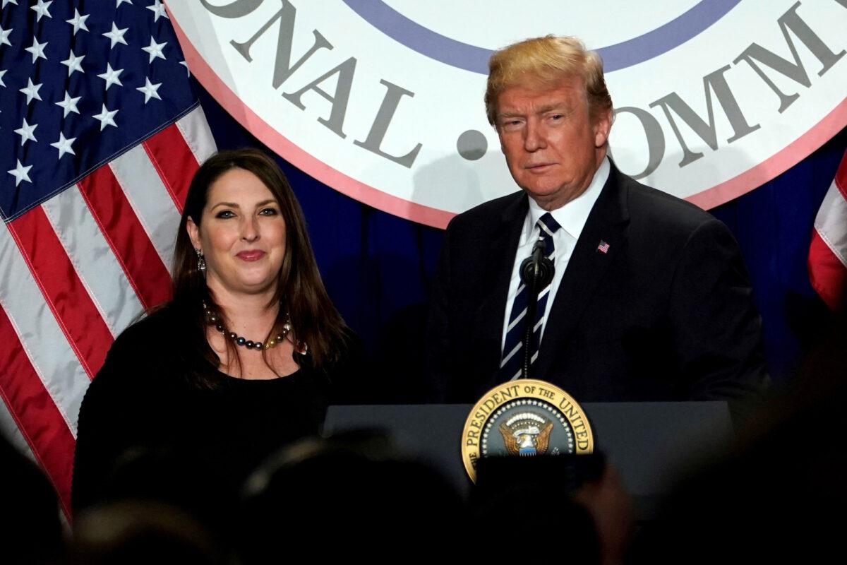 Then-President Donald Trump is introduced by RNC chairwoman Ronna McDaniel at the Republican National Committee's winter meeting at the Washington Hilton in Washington on Feb. 1, 2018. (Yuri Gripas/Reuters)