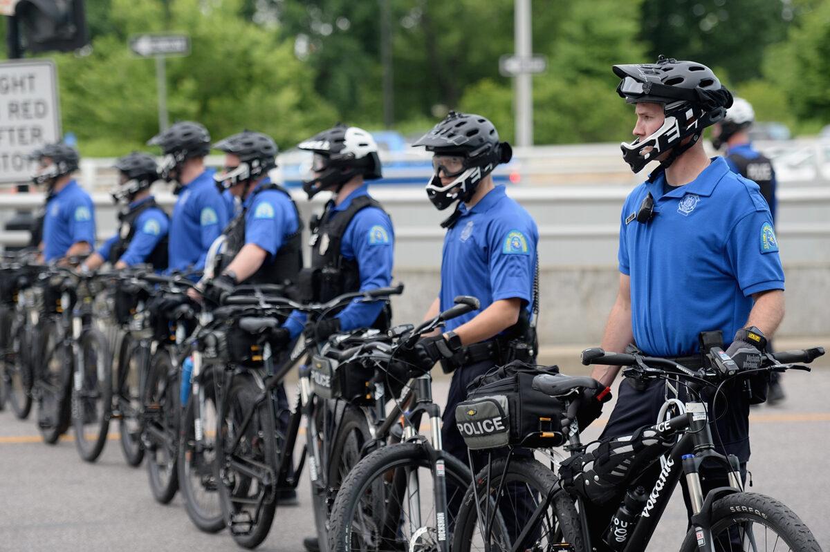 St. Louis City Bike Patrol Officers mobilize as protesters demonstrate against police brutality and the death of George Floyd through downtown St. Louis in St Louis, Mo., on June 1, 2020. (Michael B. Thomas/Getty Images)