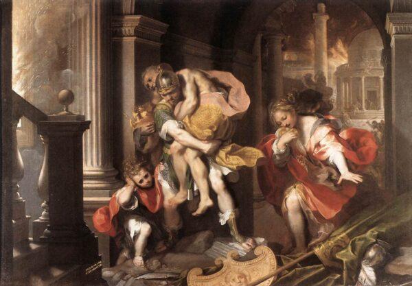 The great hero Aeneas saved his father and son from Troy. “Aeneas Flees Burning Troy,” 1598, by Federico Barocci. Borghese Gallery, Rome, Italy. (Public Domain)
