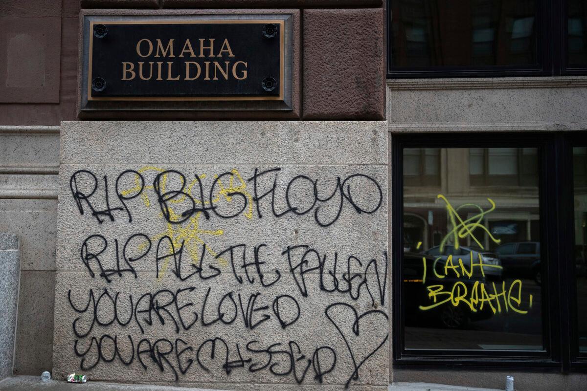 Graffiti in downtown Omaha on May 31, 2020. (Anna Reed/Omaha World-Herald via AP)