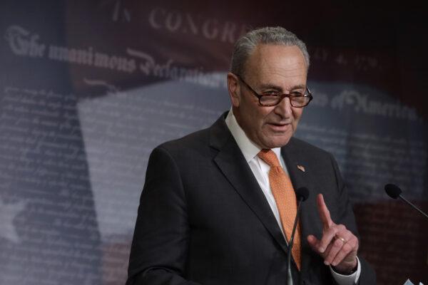 U.S. Senate Minority Leader Sen. Chuck Schumer (D-N.Y.) speaks to members of the press during a news briefing at the U.S. Capitol in Washington on May 12, 2020. (Alex Wong/Getty Images)