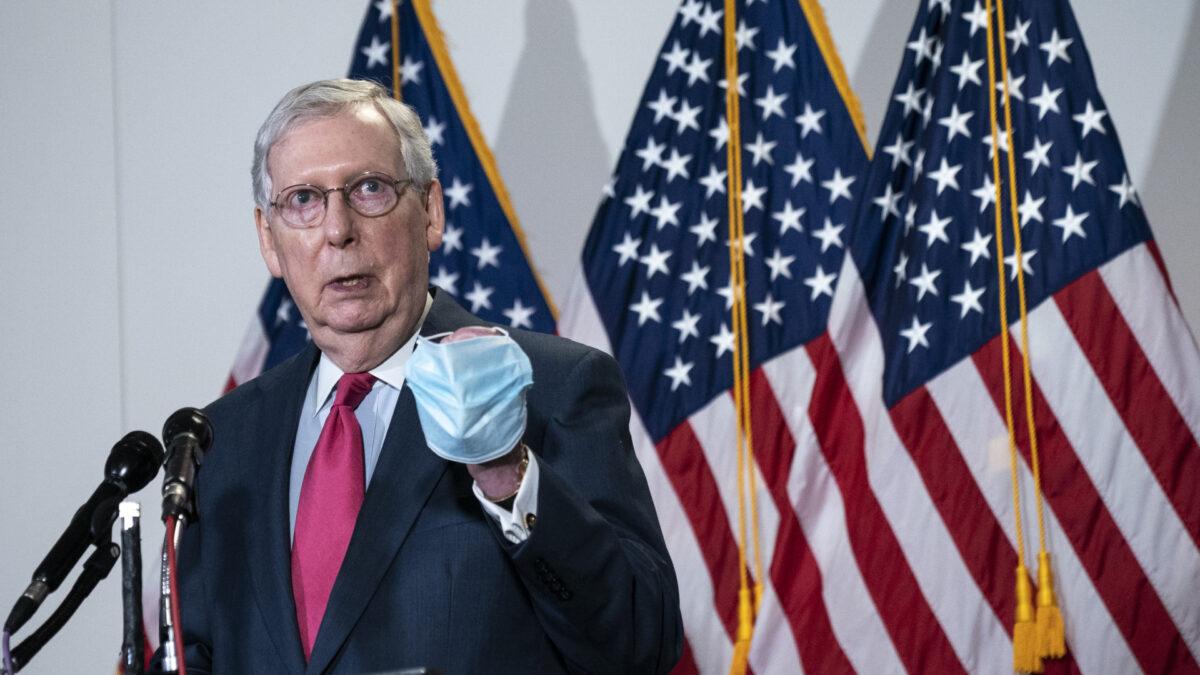Senate Majority Leader Mitch McConnell (R-KY) speaks to the press after a meeting with Republican Senators in the Hart Senate Office Building on Capitol Hill, May 19, 2020 in Washington. (Drew Angerer/Getty Images)