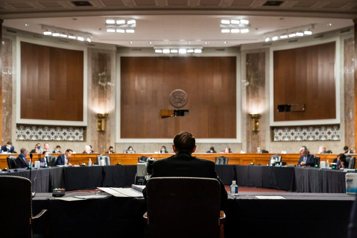 Former Deputy Attorney General Rod Rosenstein testifies during a Senate Judiciary Committee hearing to discuss the FBI's "Crossfire Hurricane" investigation, in Washington on June 3, 2020. (Greg Nash/Pool/Getty Images)