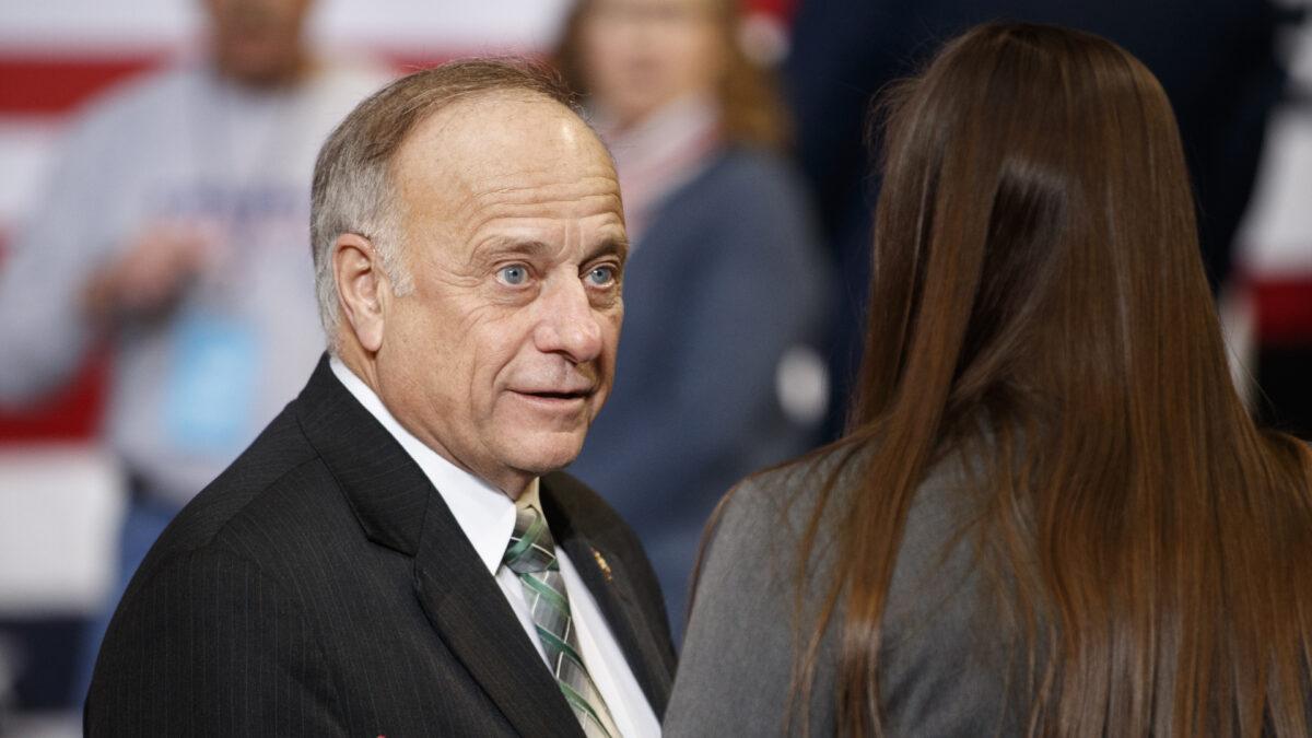 Rep. Steve King (R-Iowa) speaks to a member of the audience ahead of a campaign rally inside of the Knapp Center arena at Drake University in Des Moines, Iowa, on Jan. 30, 2020. (Tom Brenner/Getty Images)