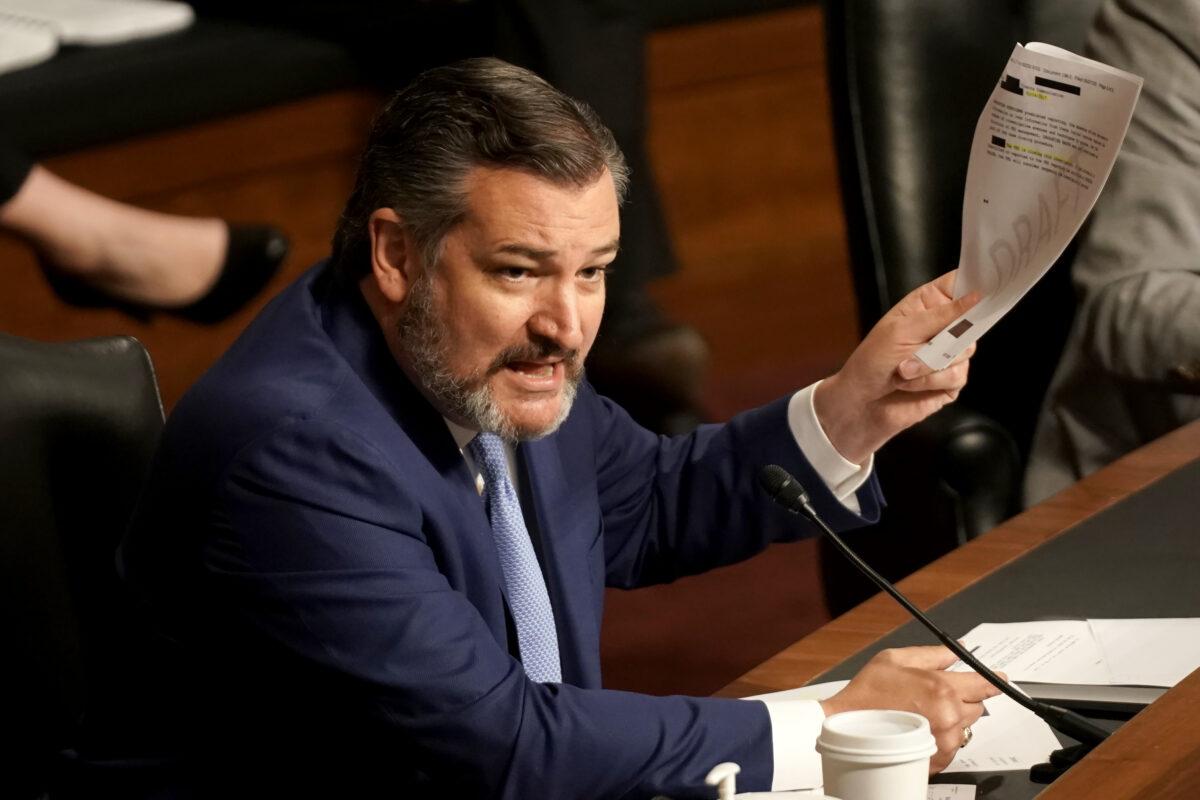 Sen. Ted Cruz (R-Texas) questions former Deputy Attorney General Rod Rosenstein testifies during a Senate Judiciary Committee hearing to discuss the FBI's "Crossfire Hurricane" investigation, in Washington on June 3, 2020. (Greg Nash/Pool/Getty Images)