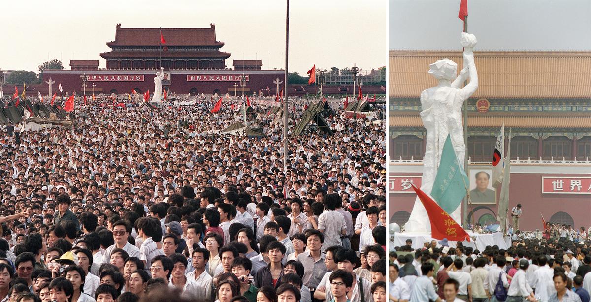 Left: Thousands of Chinese gather on June 2, 1989, in Tiananmen Square around "The Goddess of Democracy," demanding democracy despite martial law in Beijing. (Catherine Henriette/AFP via Getty Images). Right: “The Goddess of Democracy," a 10-meter replica of the Statue of Liberty created by students from an art institute to promote the pro-democracy protest against the Chinese Communist Party. (Toshio Sakai/AFP via Getty Images)