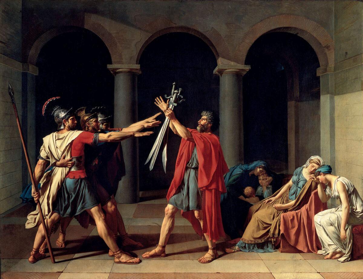 “Oath of the Horatii,” 1784-1785, by Jacques-Louis David. Oil on Canvas, 10.8 feet by 13.9 feet. Louvre Museum, Paris. (Public Domain)