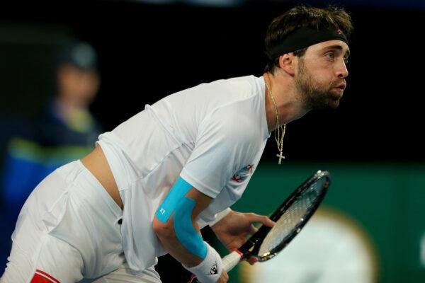 Nikoloz Basilashvili of Team Georgia follows through from his serve during day six of the 2020 ATP Cup Group Stage at RAC Arena in Perth, Australia, on Jan. 08, 2020. (James Worsfold/Getty Images)