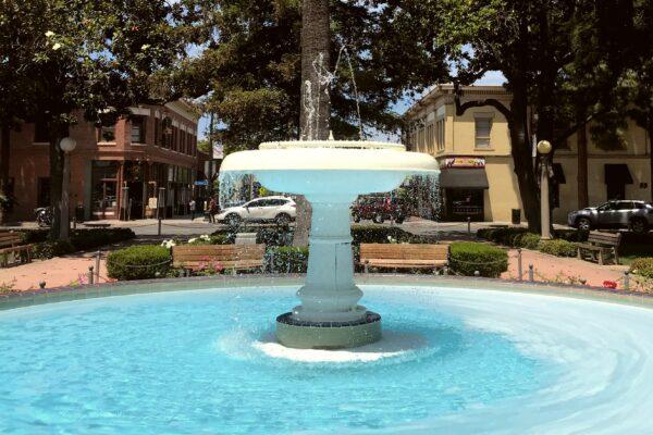 The century-old fountain in Old Towne Orange’s center circle, which has been a place of gathering for generations, is pictured on May 30, 2020. (Chris Karr/The Epoch Times)