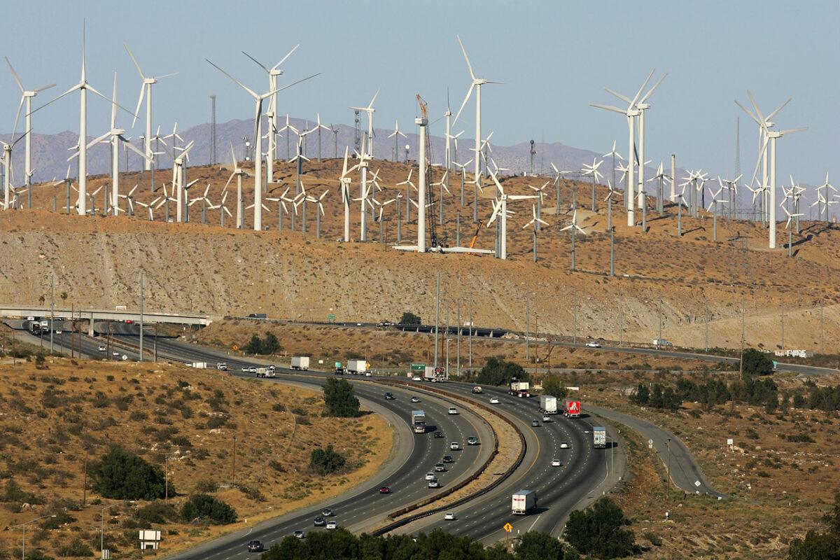 Wind turbines dot the landscape near Palm Springs, California in an image from May 13, 2008. (David McNew/Getty Images)