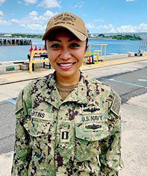 Lt. Melanie Martins poses for a photo at Pearl Harbor, Hawaii, on May 29, 2020. (<a href="https://www.dvidshub.net/image/6225935/lt-melanie-martins">Chief Information Systems Technician Johnmark Centeno</a>/U.S. Navy)