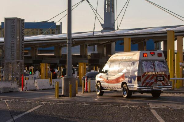 An ambulance crosses the San Ysidro sentry box border crossing in Tijuana, Mexico on April 27, 2020. Baja California state remains as one of the worst-hit states of Mexico and its main city Tijuana has registered over 115 COVID-19 deaths. (Francisco Vega/Getty Images)