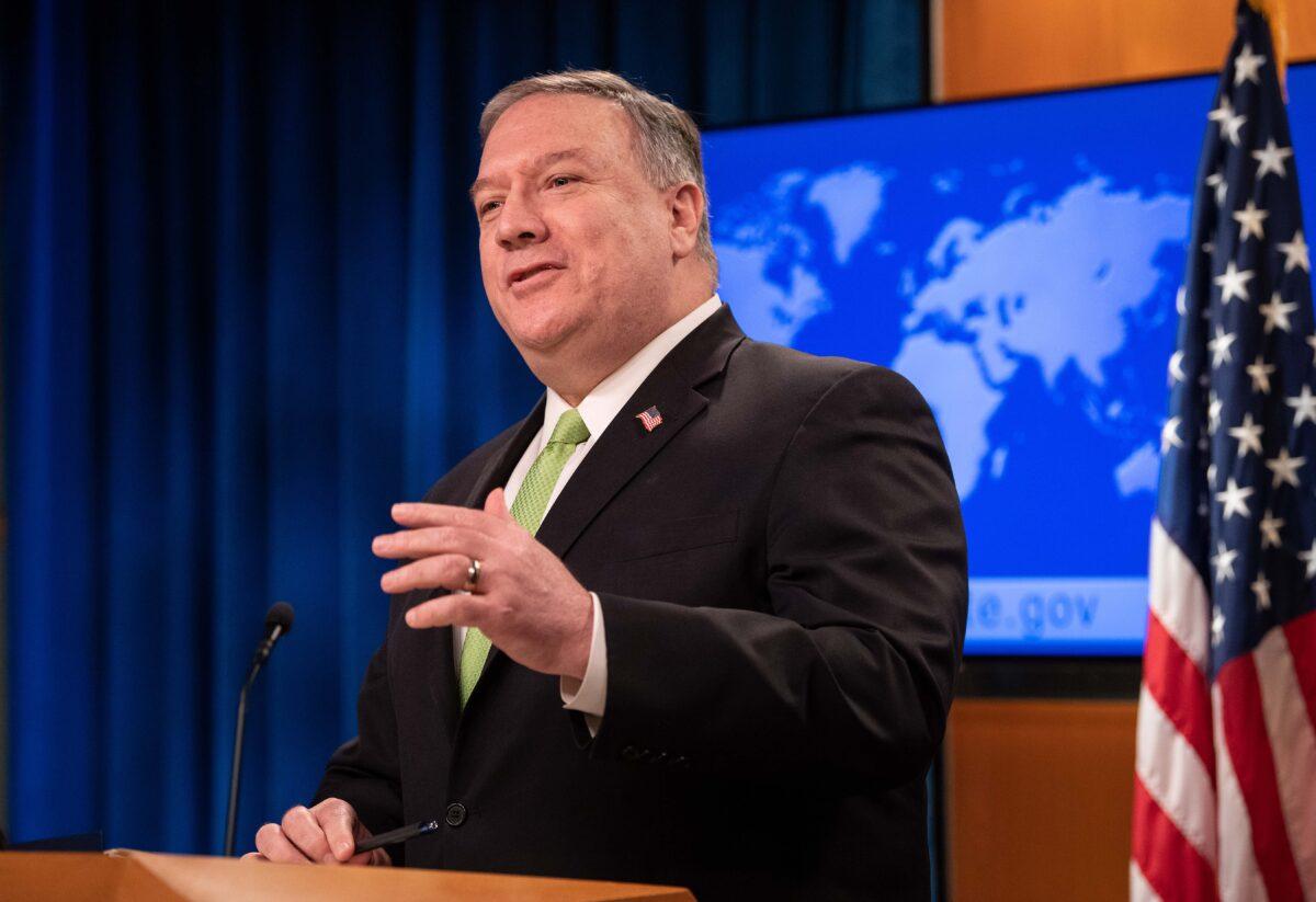 Secretary of State Mike Pompeo speaks the press conference at the State Department in Washington on May 20, 2020. (Nicholas Kamm/AFP via Getty Images)