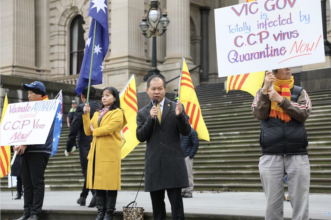 Bon Nguyen, president of the Vietnamese Association of Australia, speaks out against Victoria’s Belt and Road Initiative (BRI) agreement on the steps of Victorian Parliament House on June 7, 2020. (Grace Yu/Epoch Times)