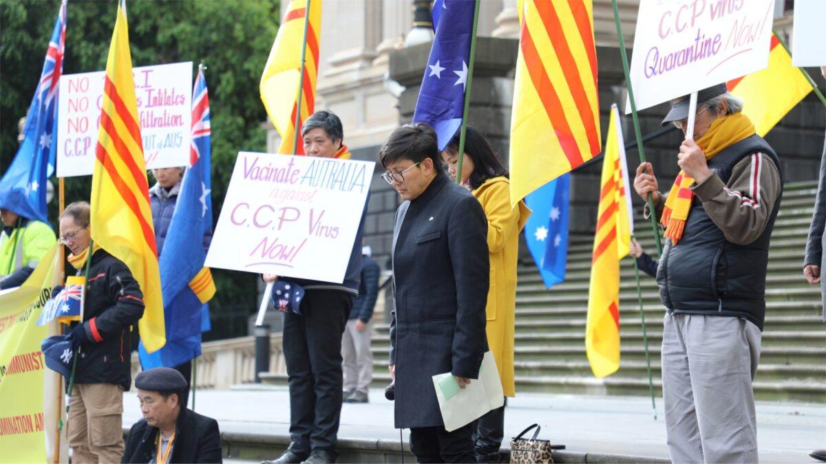 Phong Nguyen, Vice President of the Vietnamese Association of Victoria, speaks out against Victoria’s Belt and Road Initiative (BRI) agreement on the steps of Victorian Parliament House on June 7, 2020. (Grace Yu/Epoch Times)