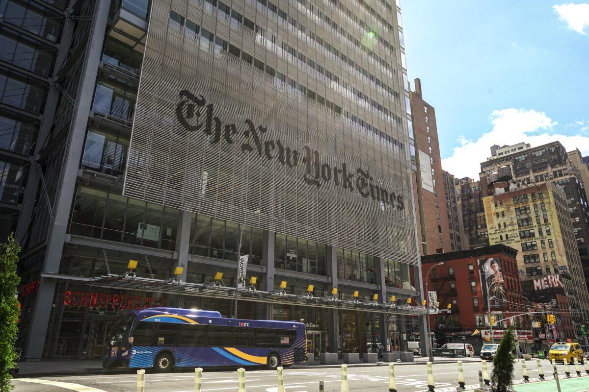 The New York Times building on April 15, 2020. (Chung I Ho/The Epoch Times)